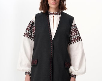 Embroidered wool vest for women. Podillia ukrainian modern minimalistic sleeveless jacket. Part of the suit, available in 2 colours