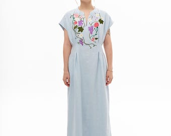 Ukrainian Embroidered Linen Maxi Dress – Sky Blue Vyshyvanka with Roses & Grapes | Slavic Boho Folk Dress | Handmade Summer Clothing