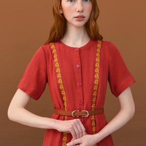 Simple linen dress with embroidered relief. Casual coral midi dress. Designer ukrainian vyshyvanka dress image 10