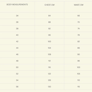 May include: A chart showing body measurements in inches and corresponding chest and waist measurements in centimeters. The chart shows sizes 34 to 56, with corresponding chest measurements from 84 to 130 centimeters and waist measurements from 66 to 115 centimeters.
