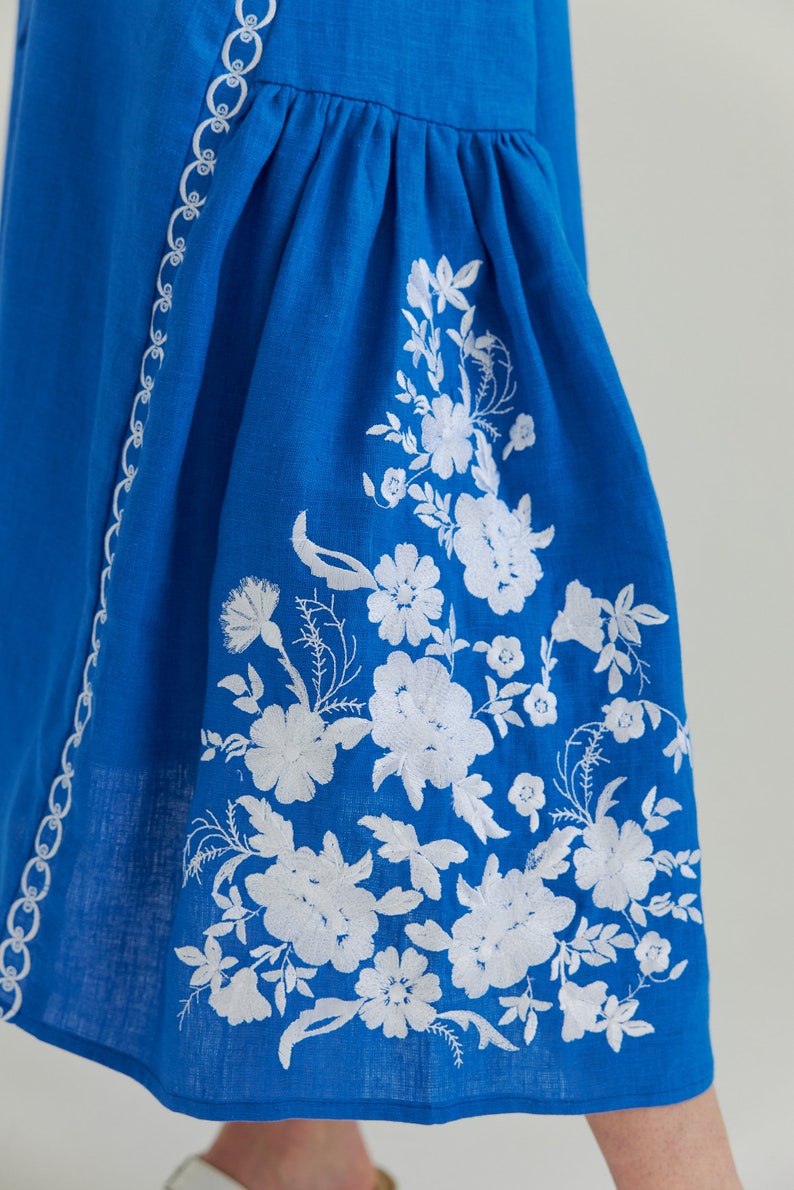 Blue linen embroidered dress. Ukrainian dress, boho wedding dress. In stock s, m image 8