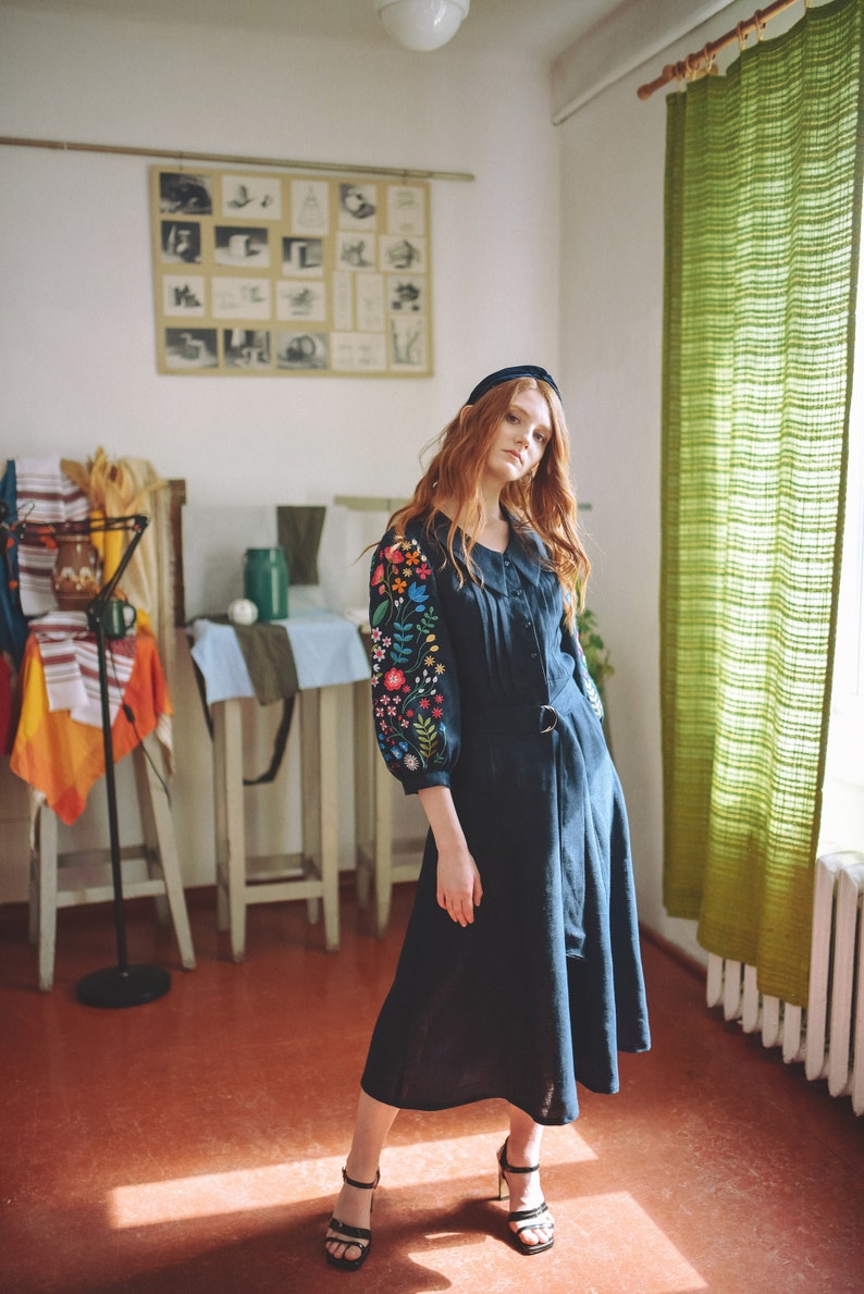 Cottagecore linen embroidered dress. Ukrainian designer dress. In stock S-XL image 6