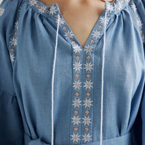 Dusty blue ukrainian vyshyvanka dress. Simple wedding dress. Summer dress for vacation. IN STOCK image 6