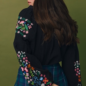 Black peasant cotton blouse with embroidered wildflowers. Ukrainian designer vyshyvanka. IN STOCK image 5