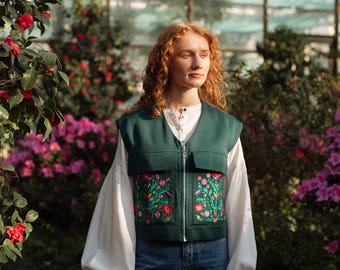 Floral Wool Vest – Aqua Teal Embroidered Folk Vest, Loose Fit, Lined, Handmade in Ukraine