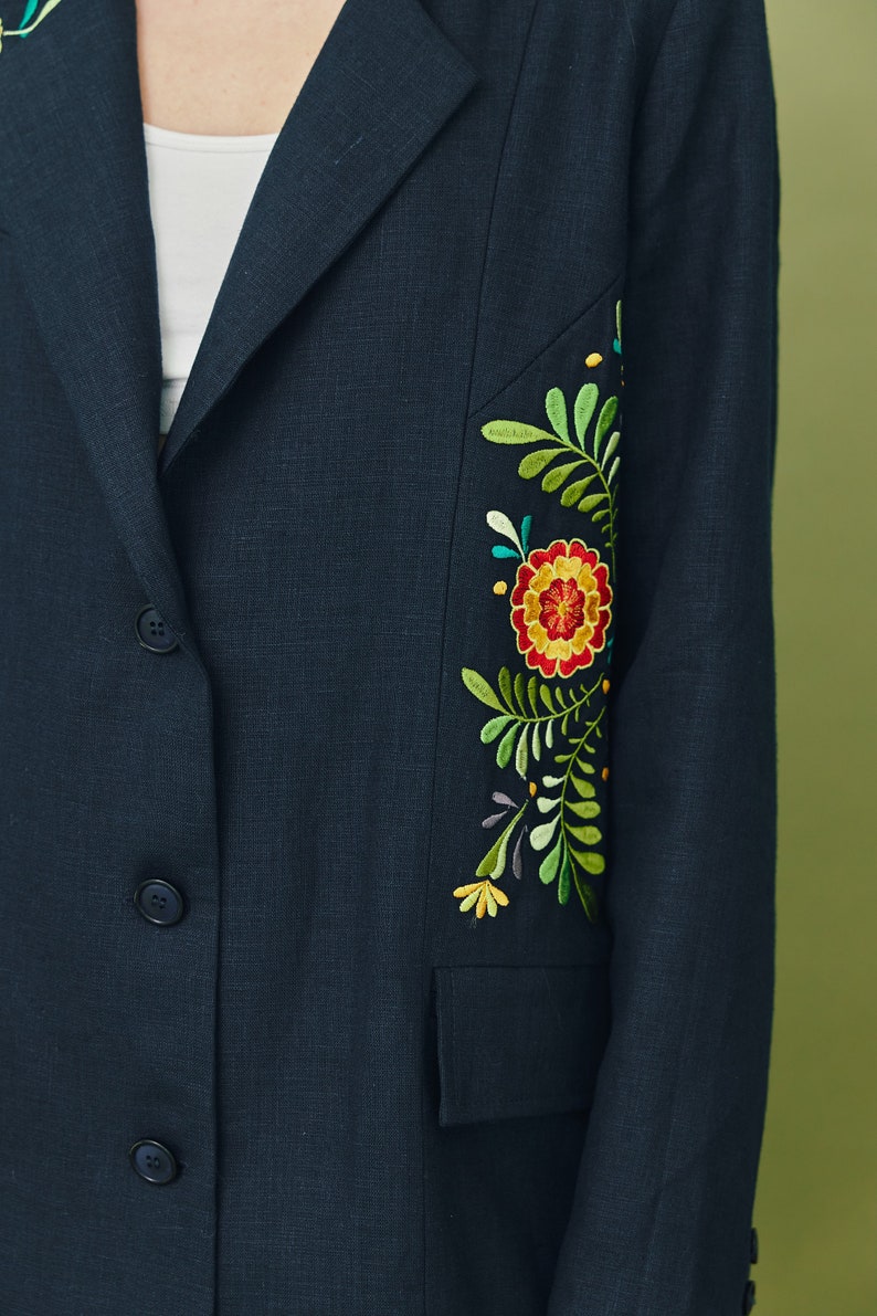 Black LINEN blazer with ukrainian embroidery. Patchwork summer oversized jacket for women. Ukrainian designer jacket image 6