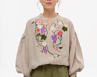 Linen Embroidered Blouse – Ukrainian Vyshyvanka “Roses and Grapes” – Natural flex – Boho Folk Top – Gift for Her – Handmade Shirt. In stock!