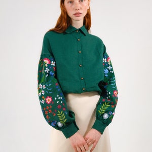 emerald green embroidered shirt for women,cottagecore blouse with embroiderd wildflowers