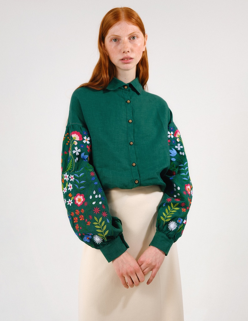emerald green embroidered shirt for women,cottagecore blouse with embroiderd wildflowers
