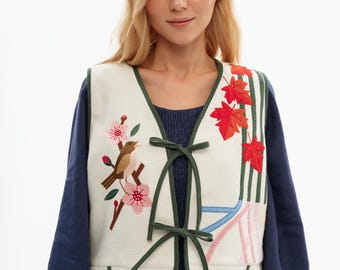 Embroidered Linen vest – Bird and Cherry Blossom, Maples Design – Ukrainian Modern Vyshyvanka – Boho Summer vest