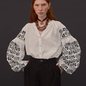 Boho natural white linen embroidered blouse. Inspired by vintage Hadyach vyshyvanka