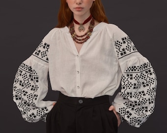 Boho natural white linen embroidered blouse. Inspired by vintage Hadyach vyshyvanka