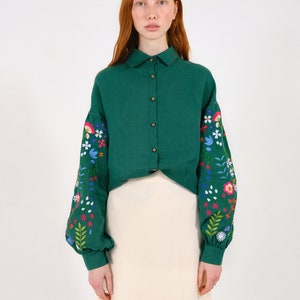 Forest embroidered linen blouse in Mexican style. Ukrainian embroidered vyshyvanka blouse. IN STOCK xS-2XL image 2