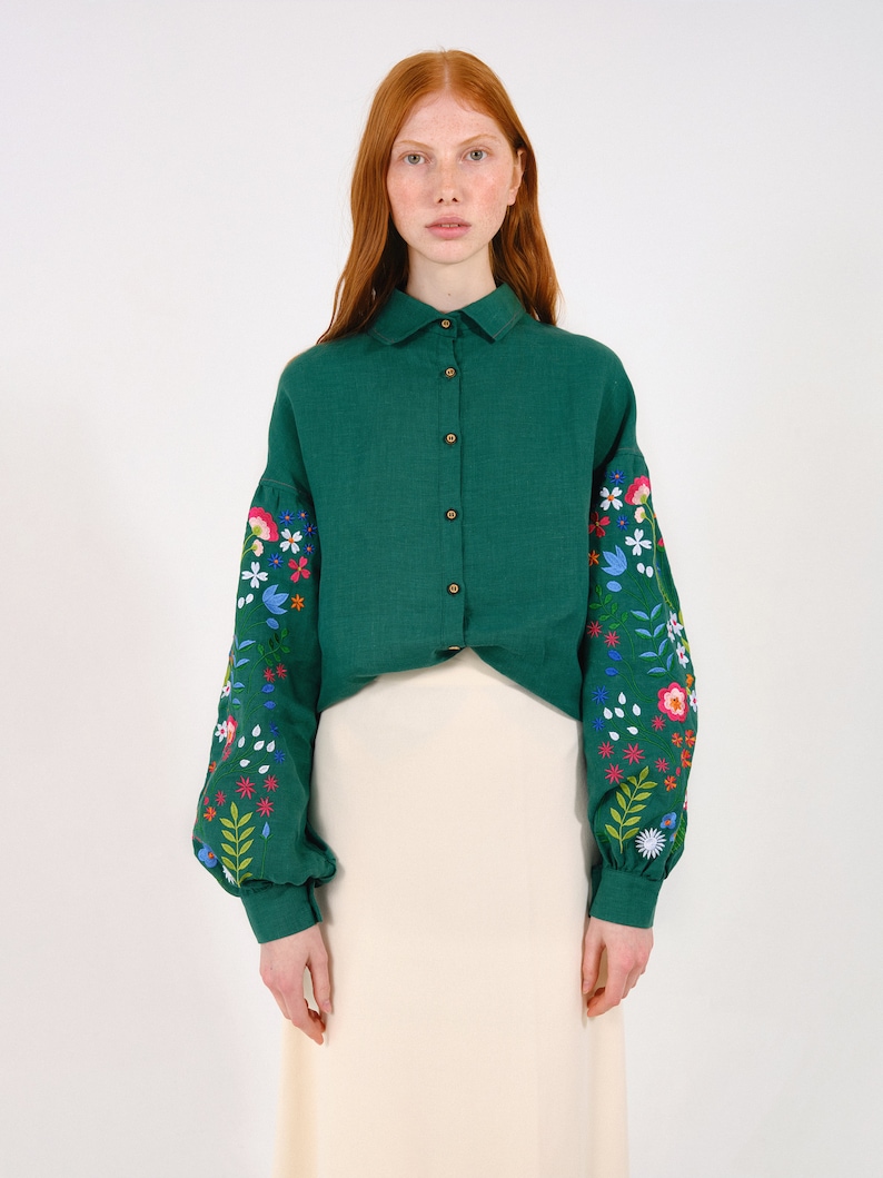 Forest embroidered linen blouse in Mexican style. Ukrainian embroidered vyshyvanka blouse. IN STOCK xS-2XL image 2