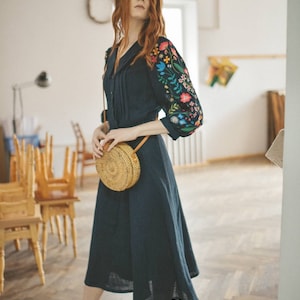 cottagecore linen dress  60s vibe, Nice midi length, embroidered sleeves inspired by hungarian embroidery (nice small multicoloured wildflowers). Peter pan collar. Made in Ukraine