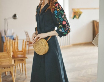 Cottagecore linen embroidered dress. Ukrainian designer dress. In stock S-XL