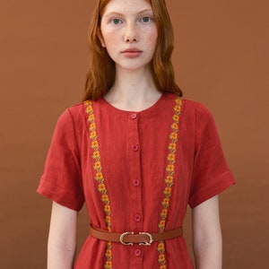 Simple linen dress with embroidered relief. Casual coral midi dress. Designer ukrainian vyshyvanka dress image 9