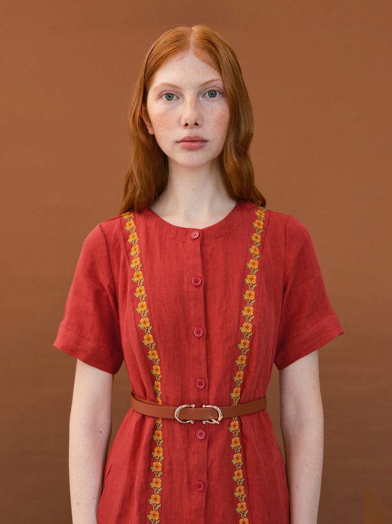 Simple linen dress with embroidered relief. Casual coral midi dress. Designer ukrainian vyshyvanka dress image 9