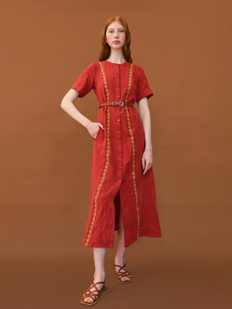 Simple linen dress with embroidered relief. Casual coral midi dress. Designer ukrainian vyshyvanka dress image 1