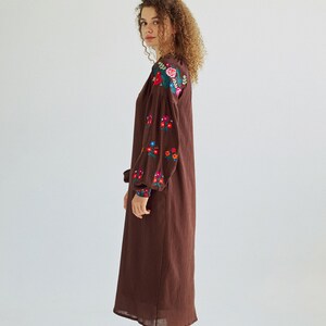 Embroidered cotton midi dress.Ukrainian Vyshyvanka chocolate brown dress for women. Traditional ukrainian embroidery. IN STOCK image 2