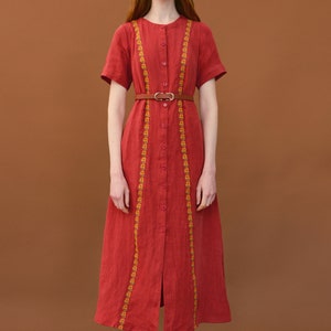 Simple linen dress with embroidered relief. Casual coral midi dress. Designer ukrainian vyshyvanka dress image 2