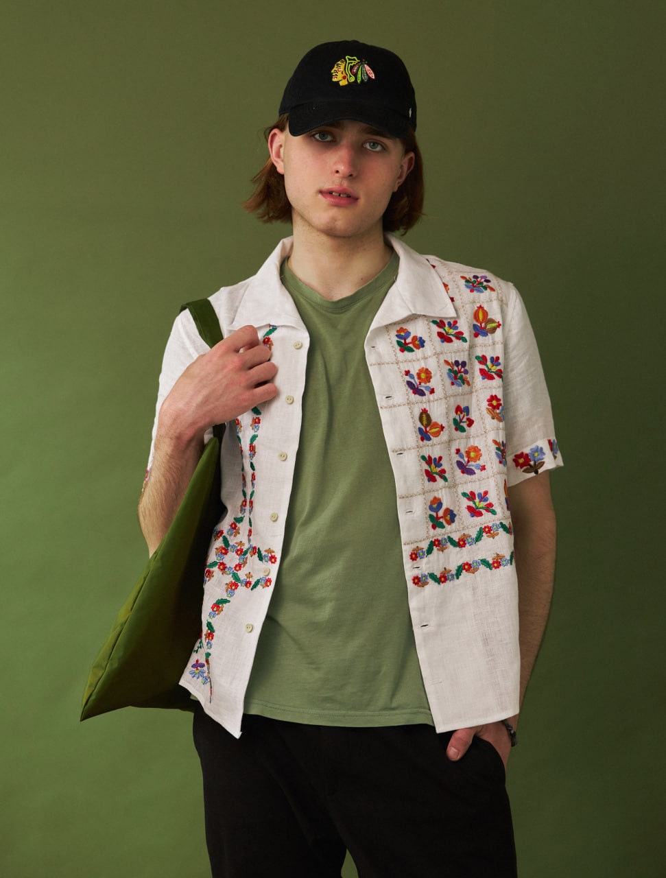 White embroidered short sleeve shirt for men. Ukrainian modern linen top vyshyvanka for men