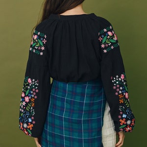 Black peasant cotton blouse with embroidered wildflowers. Ukrainian designer vyshyvanka. IN STOCK image 3