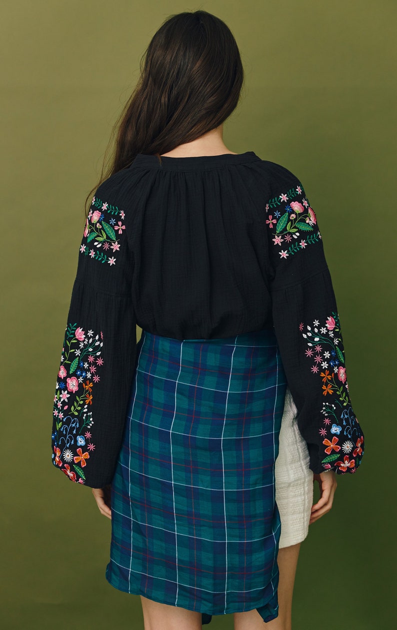 Black peasant cotton blouse with embroidered wildflowers. Ukrainian designer vyshyvanka. IN STOCK image 3
