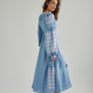 Dusty blue ukrainian vyshyvanka dress. Simple wedding dress. Summer dress for vacation. IN STOCK image 4