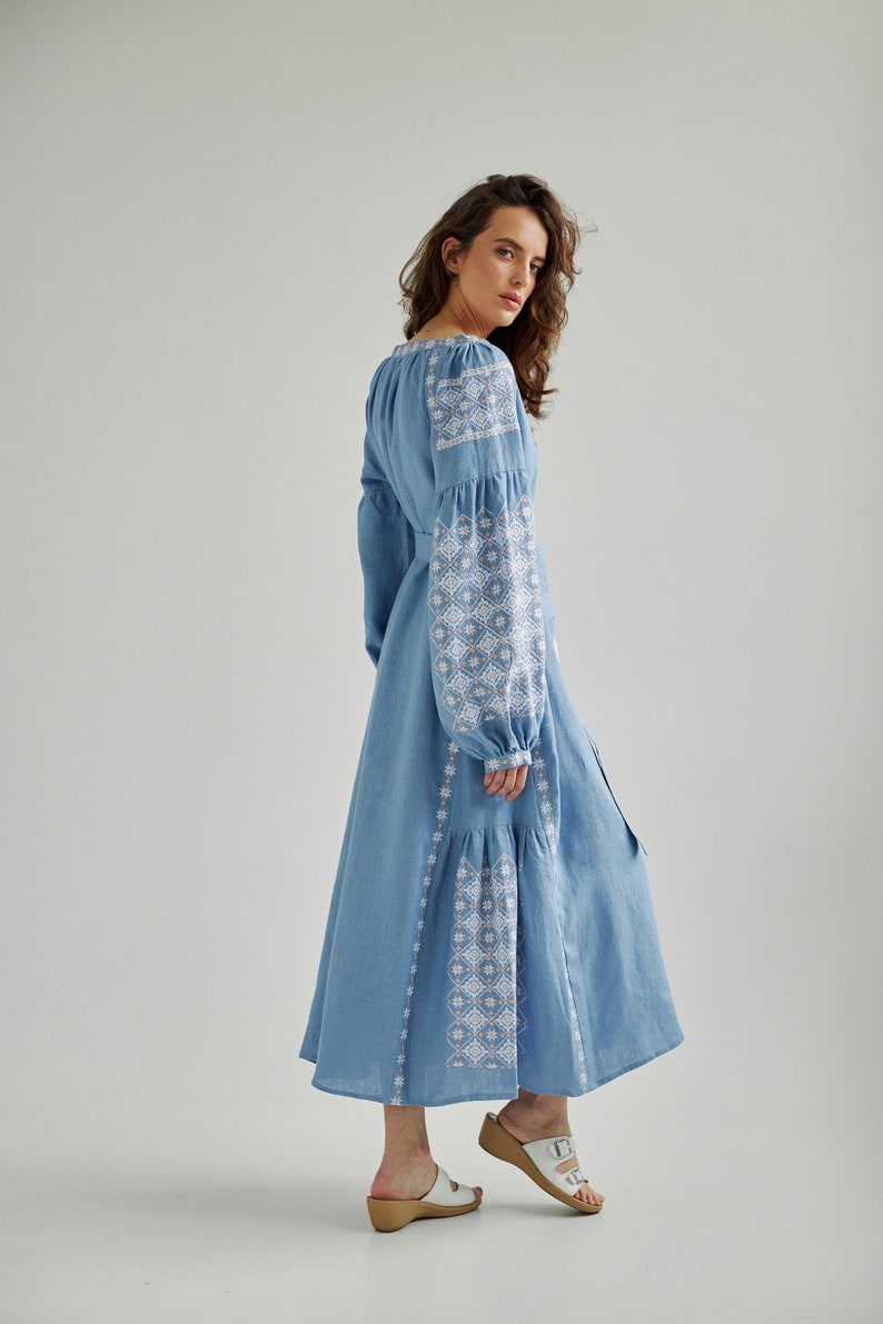 Dusty blue ukrainian vyshyvanka dress. Simple wedding dress. Summer dress for vacation. IN STOCK image 4
