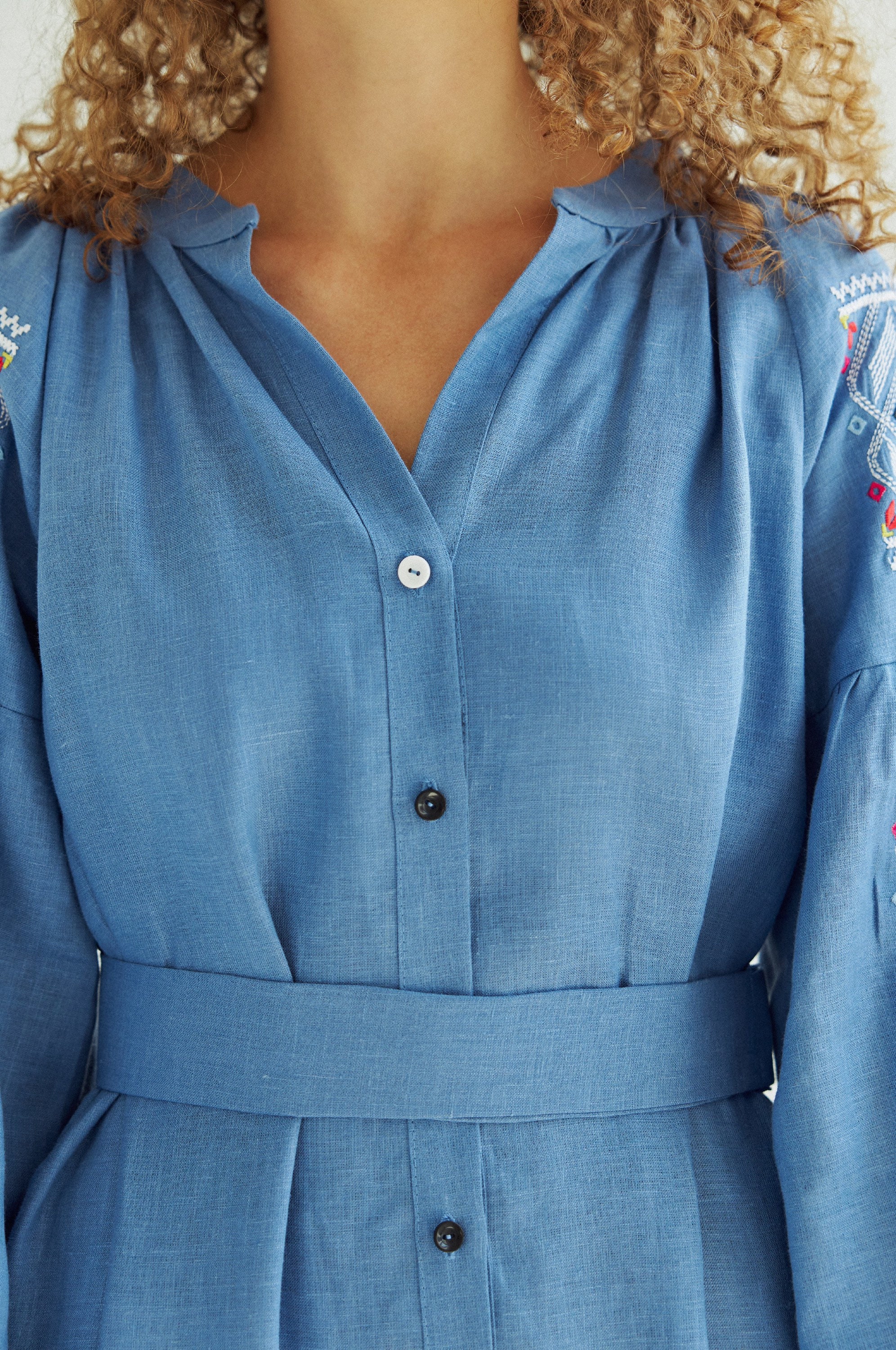 Navy Heirloom Embroidered Linen Shirt Dress
