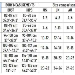 Puede incluir: Tabla de tallas para blusas con medidas en pulgadas y cent&iacute;metros. La tabla muestra las tallas US, UK, AU y EU para XS, S, M, L, XL y 2XL.
