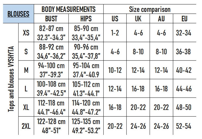Puede incluir: Tabla de tallas para blusas con medidas en pulgadas y cent&iacute;metros. La tabla muestra las tallas US, UK, AU y EU para XS, S, M, L, XL y 2XL.