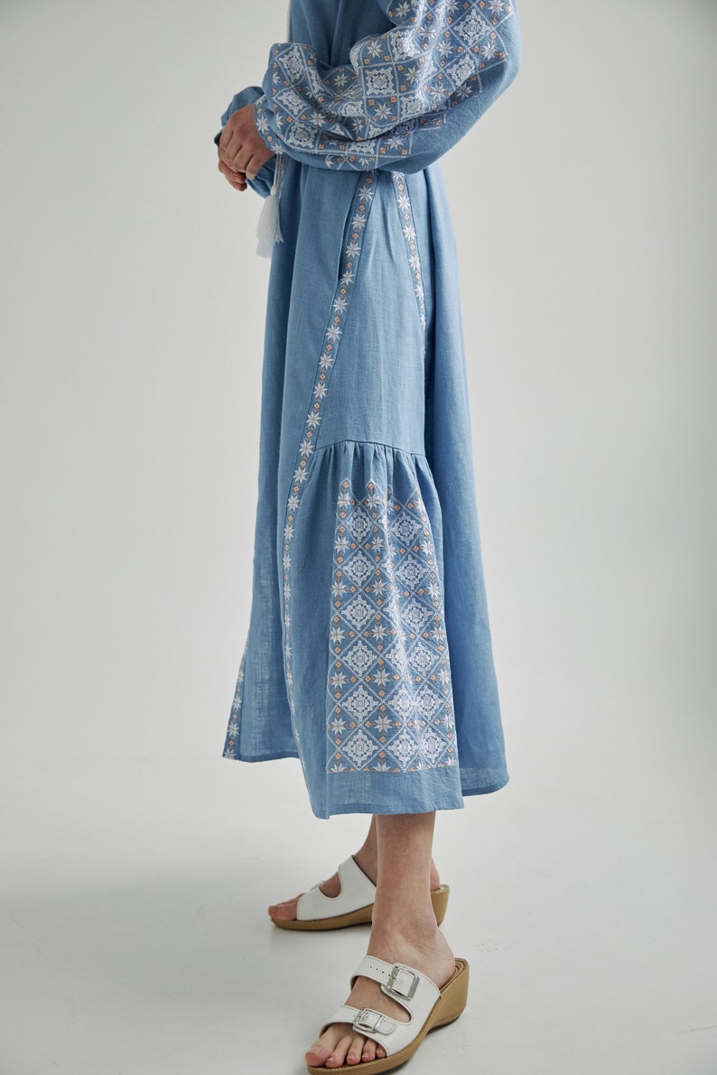 Dusty blue ukrainian vyshyvanka dress. Simple wedding dress. Summer dress for vacation. IN STOCK image 8