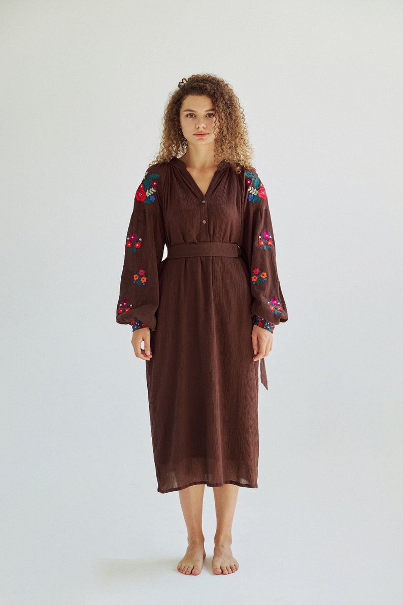 Embroidered cotton midi dress.Ukrainian Vyshyvanka chocolate brown dress for women. Traditional ukrainian embroidery. IN STOCK image 1