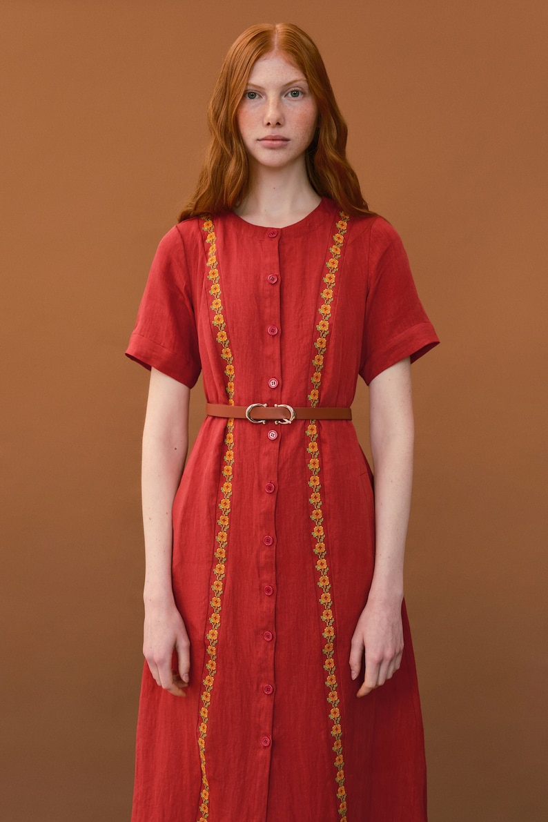 Simple linen dress with embroidered relief. Casual coral midi dress. Designer ukrainian vyshyvanka dress image 5