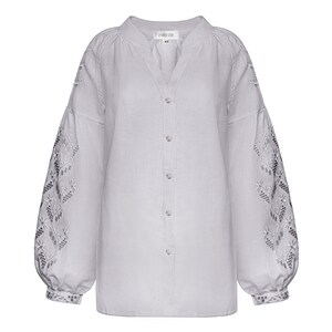 Ukrainian linen modern peasant vyshyvanka blouse. Motrya blouse in light gray image 5