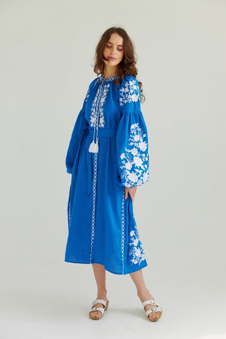 Blue linen embroidered dress. Ukrainian dress, boho wedding dress. In stock s, m image 2