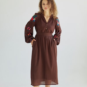 Embroidered cotton midi dress.Ukrainian Vyshyvanka chocolate brown dress for women. Traditional ukrainian embroidery. IN STOCK image 6