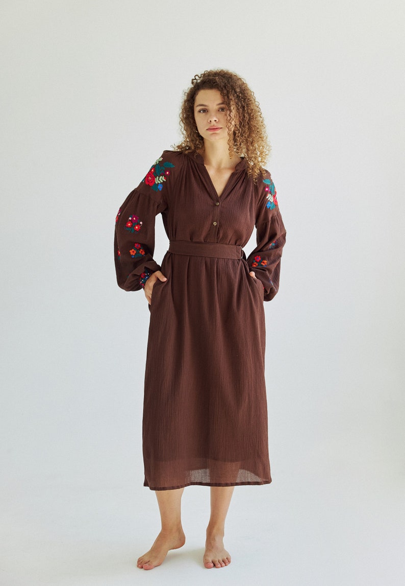 Embroidered cotton midi dress.Ukrainian Vyshyvanka chocolate brown dress for women. Traditional ukrainian embroidery. IN STOCK image 6