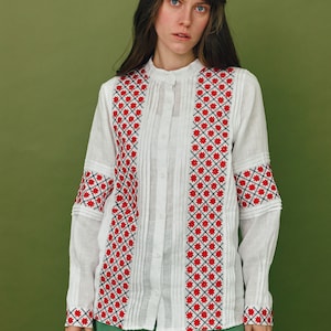 Embroidered linen blouse. Ukrainian modern vyshyvanka. Slavic shirt. Made in Ukraine. Made to order