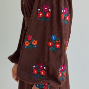 Embroidered cotton midi dress.Ukrainian Vyshyvanka chocolate brown dress for women. Traditional ukrainian embroidery. IN STOCK image 7