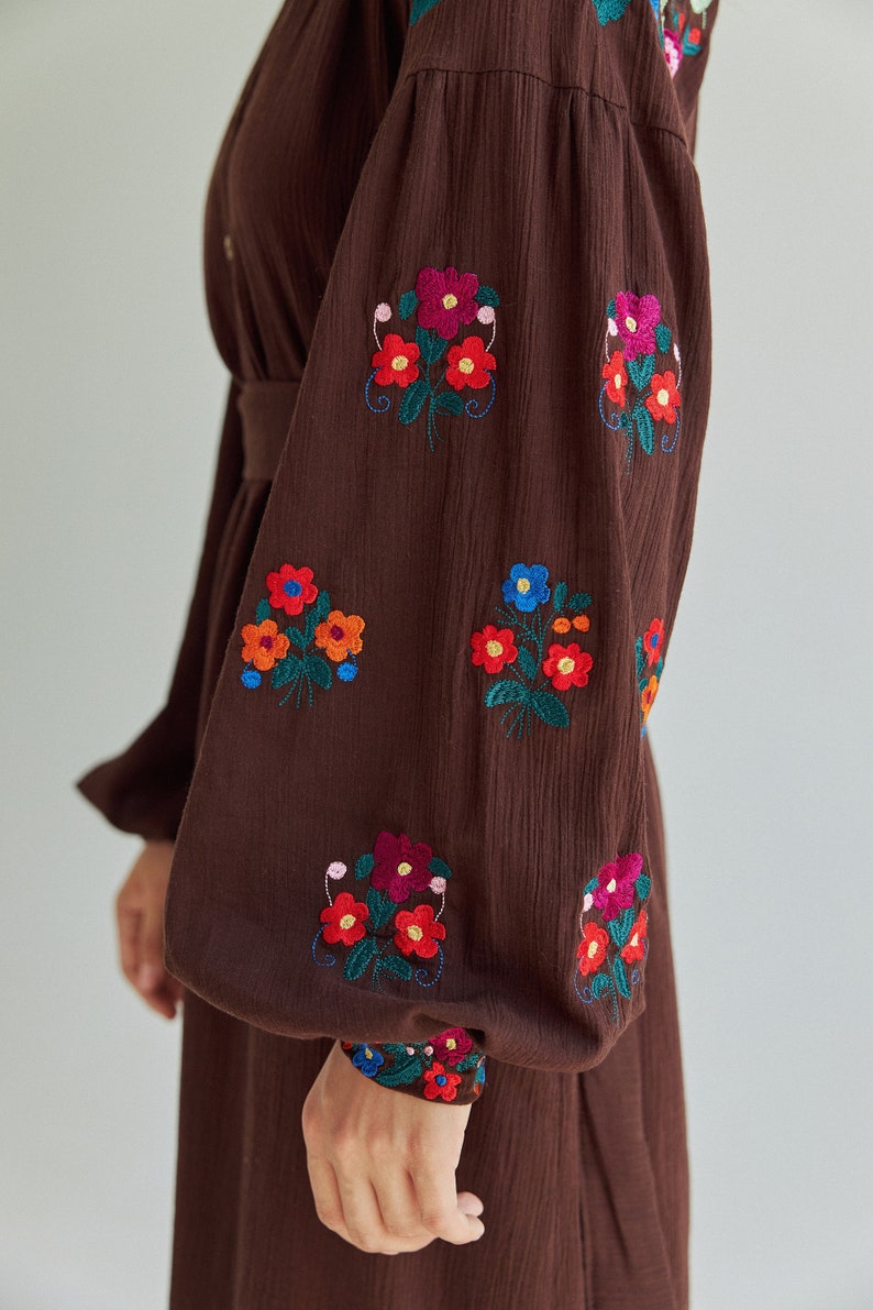 Embroidered cotton midi dress.Ukrainian Vyshyvanka chocolate brown dress for women. Traditional ukrainian embroidery. IN STOCK image 7