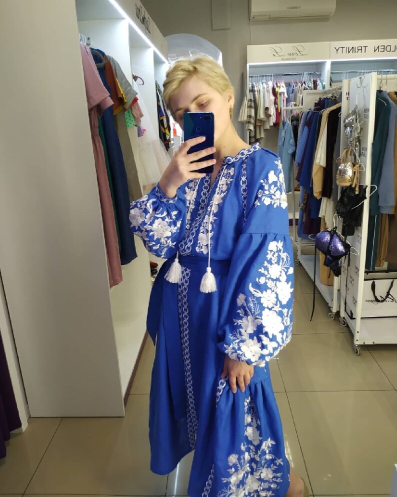 Blue linen embroidered dress. Ukrainian dress boho wedding Etsy