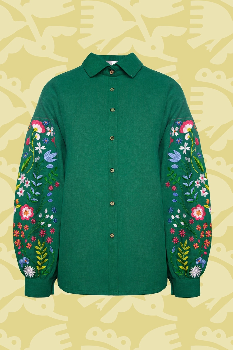 Forest embroidered linen blouse in Mexican style. Ukrainian embroidered vyshyvanka blouse. IN STOCK xS-2XL image 5