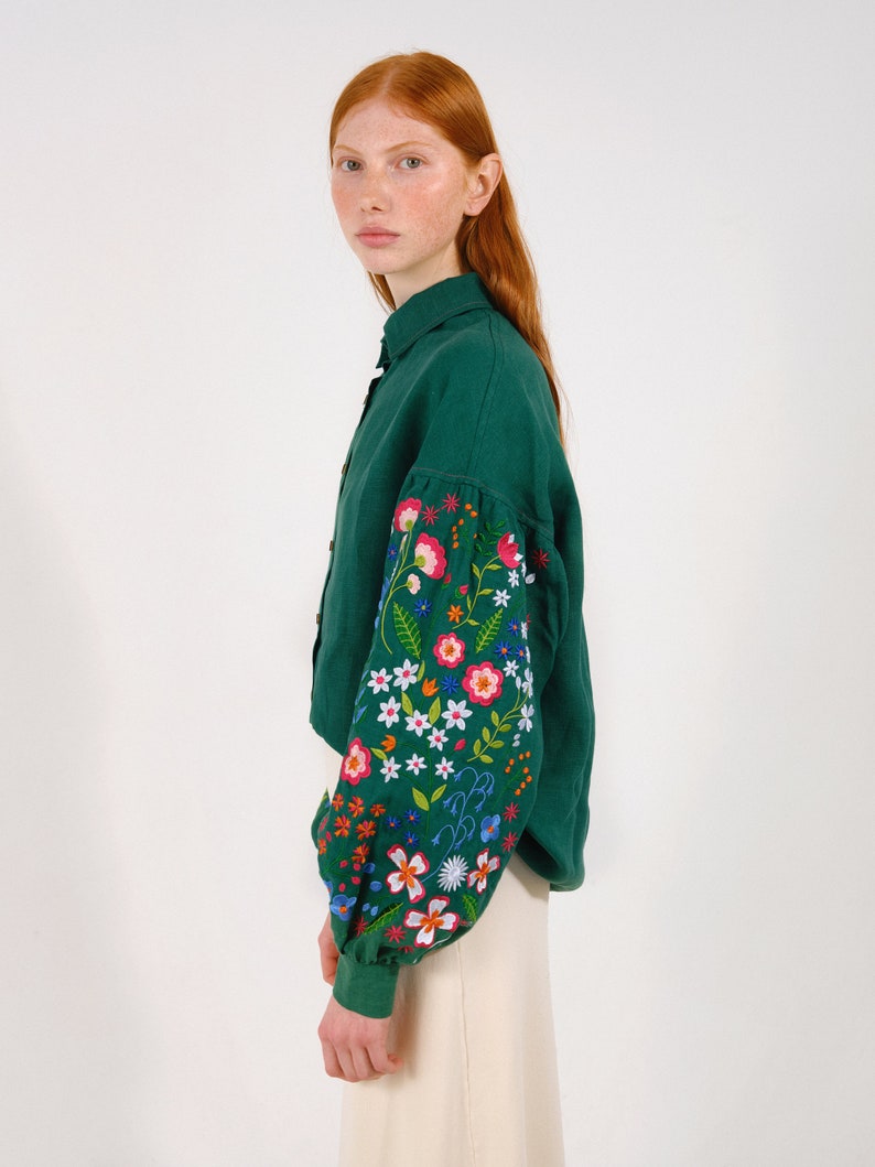Forest embroidered linen blouse in Mexican style. Ukrainian embroidered vyshyvanka blouse. IN STOCK xS-2XL image 3