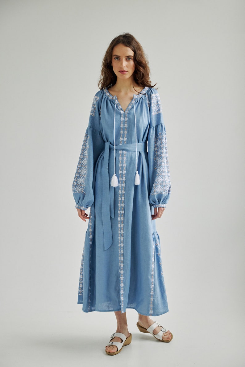 Dusty blue ukrainian vyshyvanka dress. Simple wedding dress. Summer dress for vacation. IN STOCK image 1