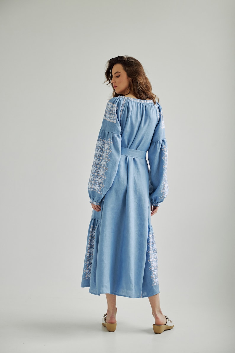 Dusty blue ukrainian vyshyvanka dress. Simple wedding dress. Summer dress for vacation. IN STOCK image 3