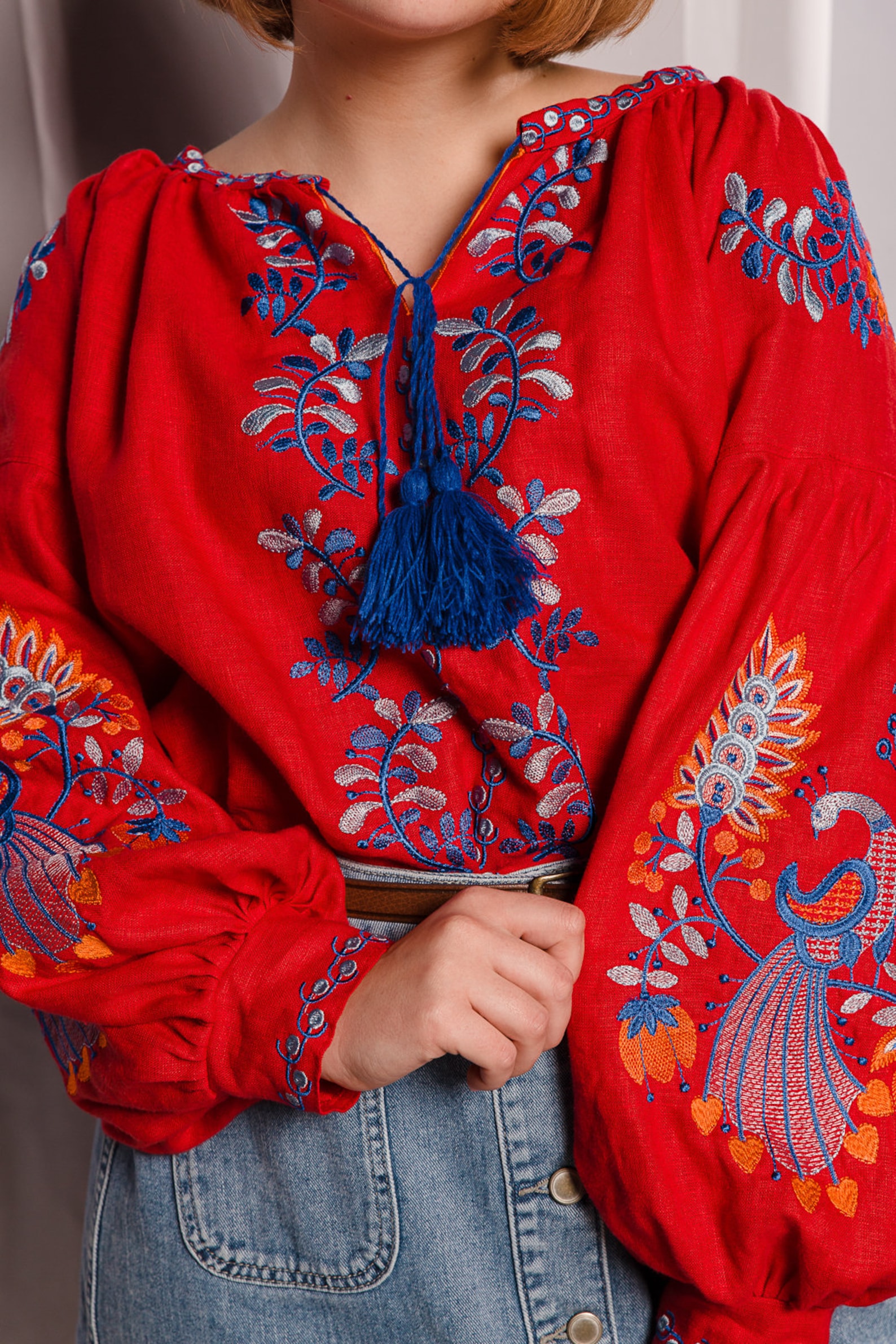 Red Peasant Blouse With Embroidered Peacocks. Ukrainian Blouse Etsy