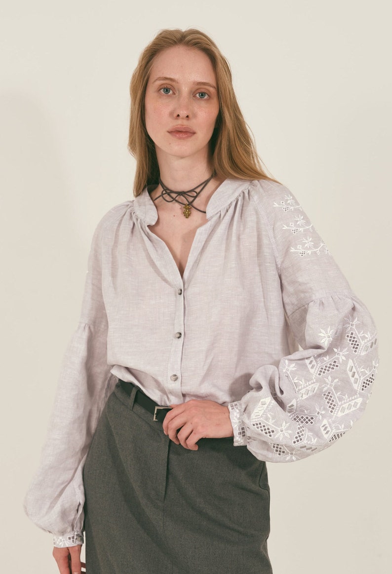 Ukrainian linen modern peasant vyshyvanka blouse. Motrya blouse in light gray image 1